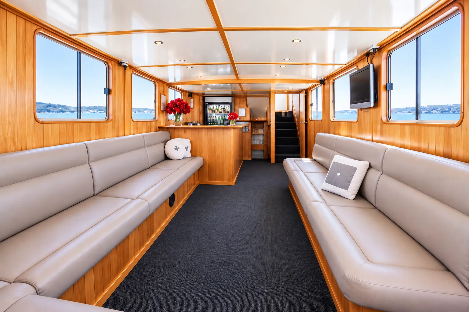 Main saloon on Kiwa II with leather bench seating along both sides, leading to the bar